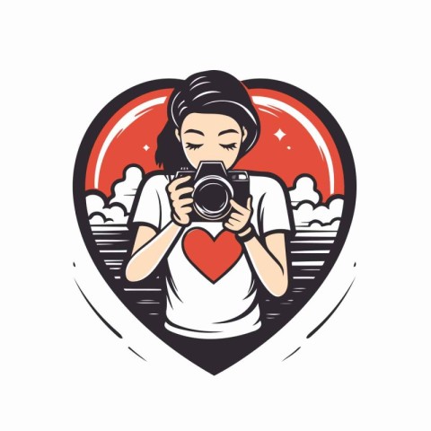 Photographer girl with camera and heart. Vector illustration in