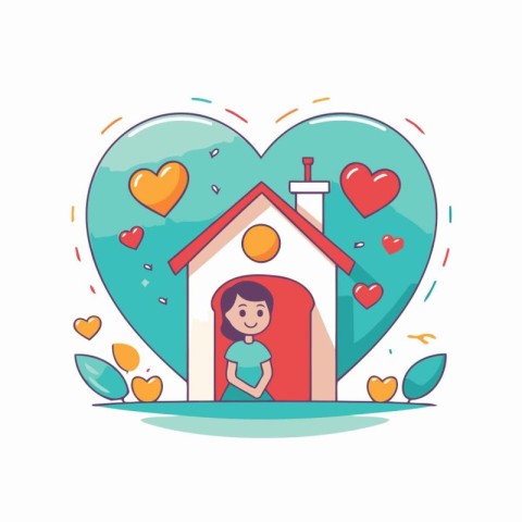 Cute little girl in a house with a heart. Vector illustration.