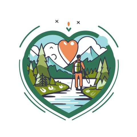 Vector illustration of a man hiking in the mountains with a hear