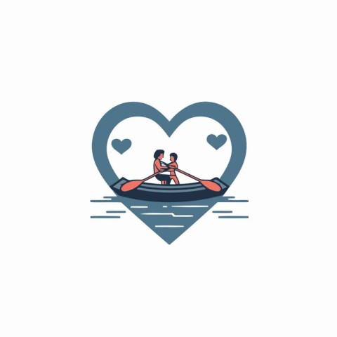 Couple in a boat in the heart shape. Flat style vector illustrat