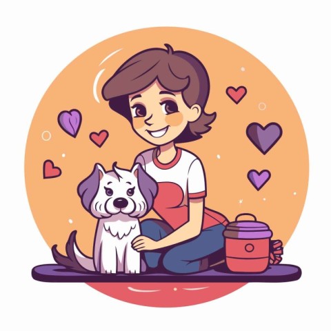 Vector illustration of a boy with a dog on a background of heart