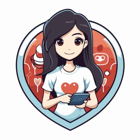 Cute girl with smartphone in heart shape. Vector illustration in