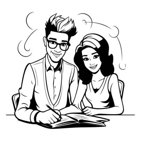 Vector illustration of a couple reading a book. Black and white.