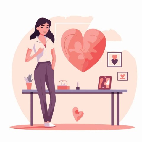 Young woman with heart in her hands. Vector illustration in flat