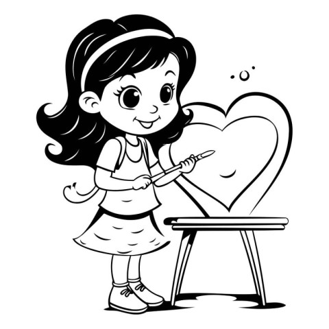 Black and White Cartoon Illustration of Cute Little Girl Holding