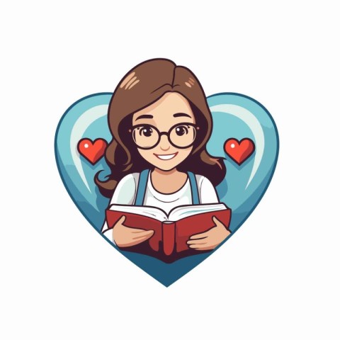 Cute girl reading a book in heart shape. Vector illustration.