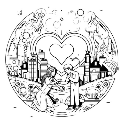 Couple in love on the background of the city. Vector illustratio