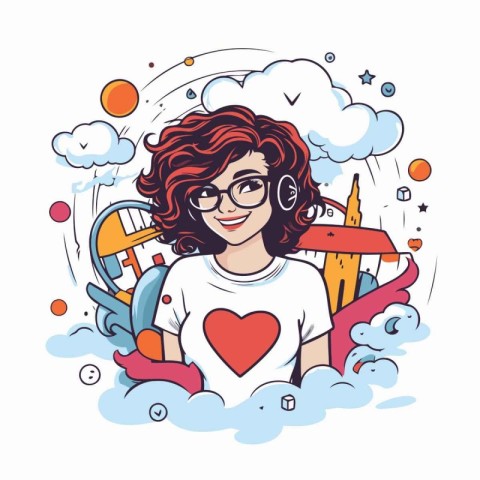 Cute girl with long curly hair and glasses. Vector illustration.