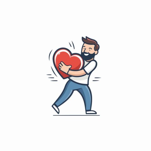 Man holding big red heart. Love concept. Vector illustration in