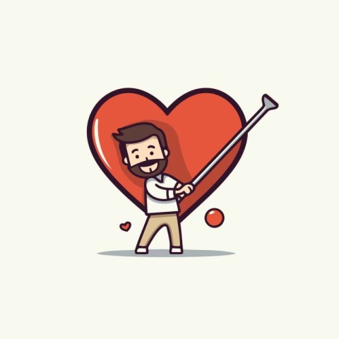 Man holding a golf club in the shape of a heart. Vector illustra