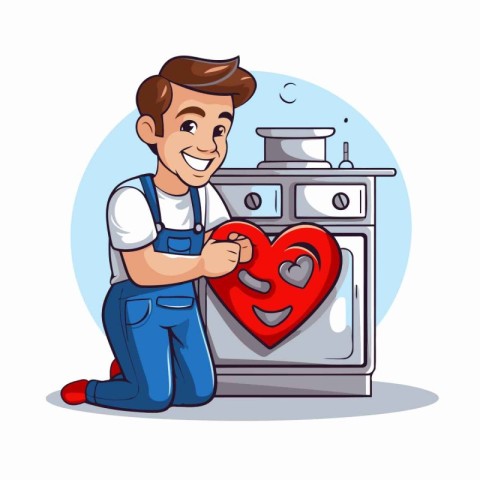 Handyman with oven and heart icon. Cartoon vector illustration.