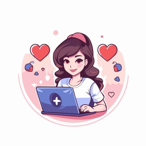 Girl with laptop. Vector illustration in cartoon style on white