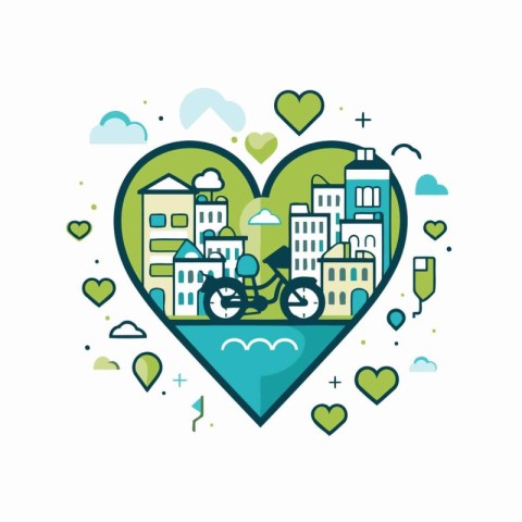 City scape in heart shape. Colorful flat vector illustration.