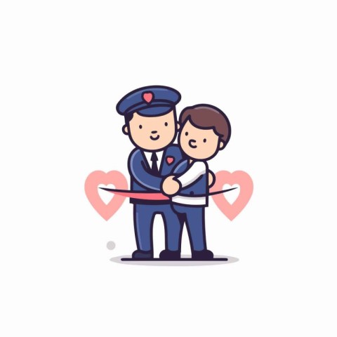 Policeman and boy in love. Flat style vector illustration.