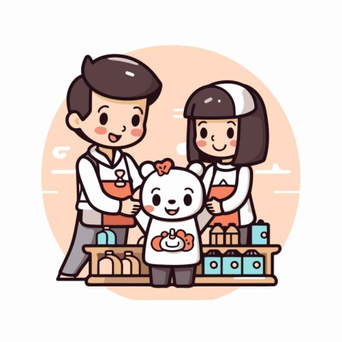 Couple of children and a bear in a restaurant. Vector illustrati