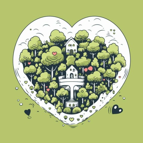 Vector illustration of heart shape with castle in the forest. Lo