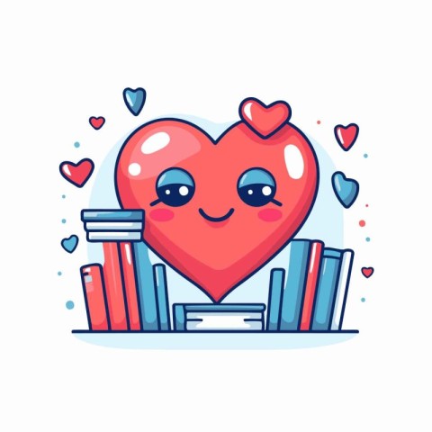 Cute red heart with books on white background. Vector illustrati