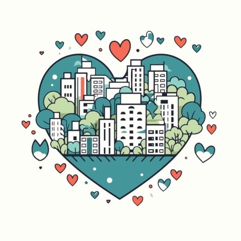 Vector illustration of heart shape cityscape with houses. trees