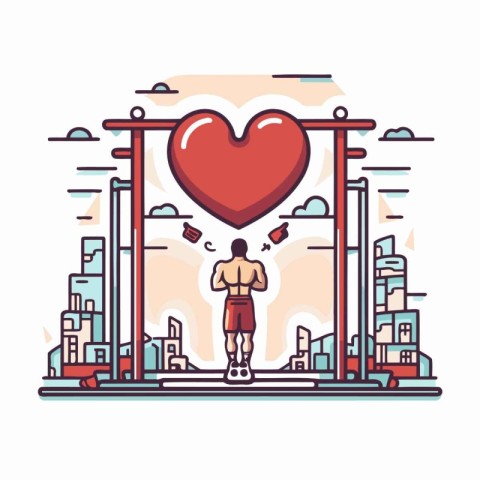 Vector illustration of man running on city street with heart. Li