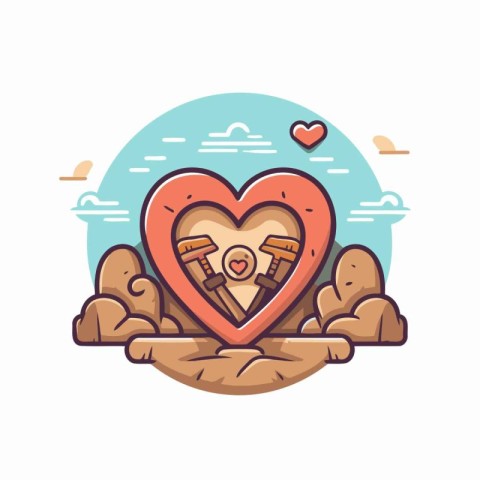 Cute cartoon heart with bear on the beach. Vector illustration.