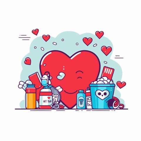 Vector illustration of a red heart surrounded by medical items.