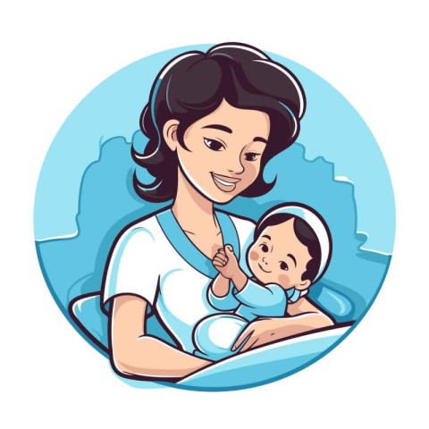 Mother with her baby on a blue background. Vector illustration i