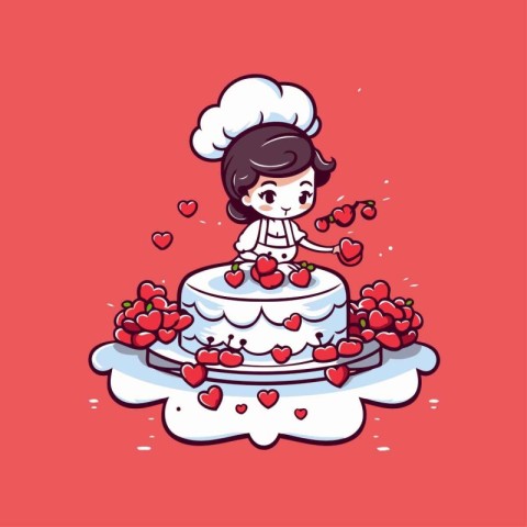 Cute little girl chef on a cake with hearts. Vector illustration