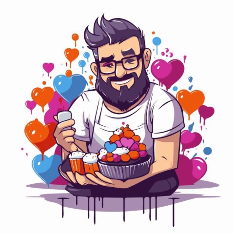 Vector illustration of a bearded man with a cupcake in his hand.