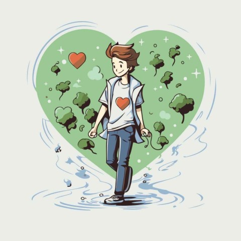 Vector illustration of a young man walking in the rain with hear