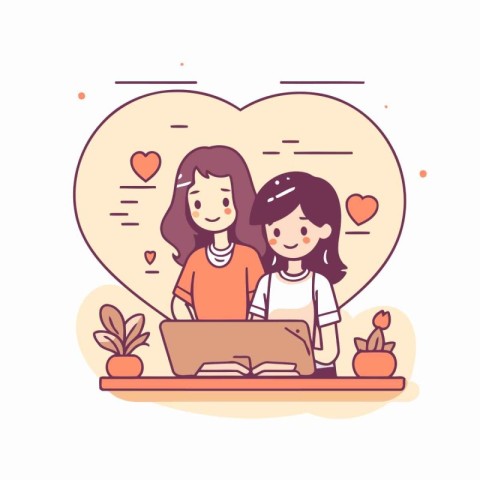 Cute girl and her mother using a laptop. Vector illustration.