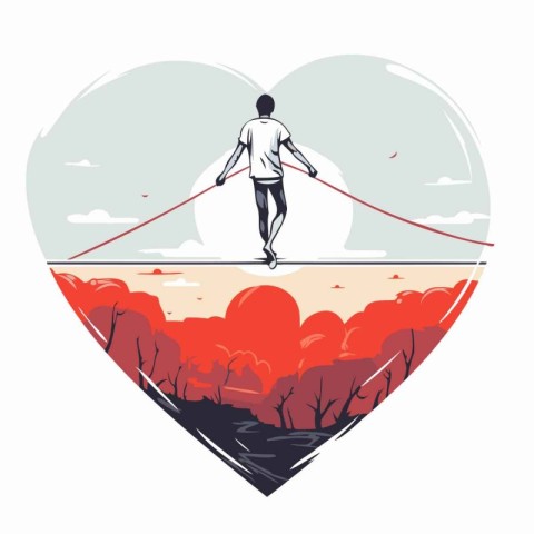 Man walking on a tightrope in the shape of a heart. Vector illus