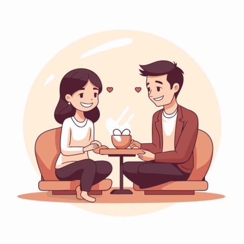 Happy couple sitting in cafe and drinking coffee. Vector illustr