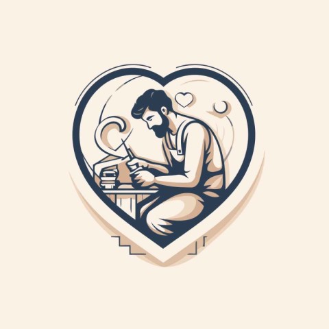 Man reading book in heart shape logo. Vector illustration of a m