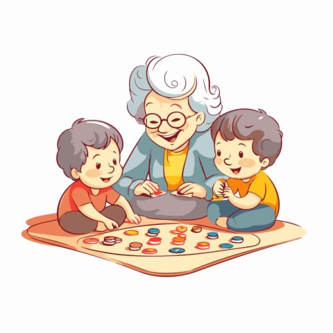 Grandmother and her grandchildren playing board games. Vector il