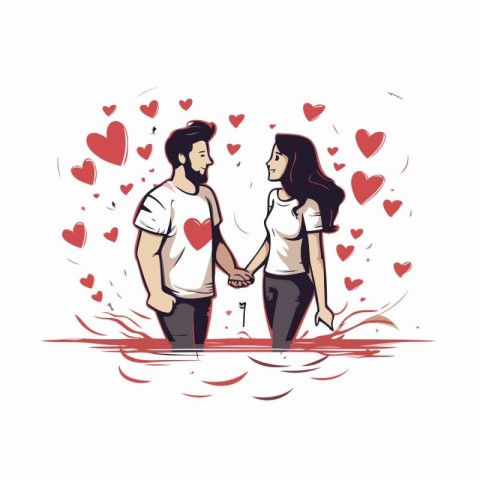 Couple in love holding hands. Vector illustration in sketch styl