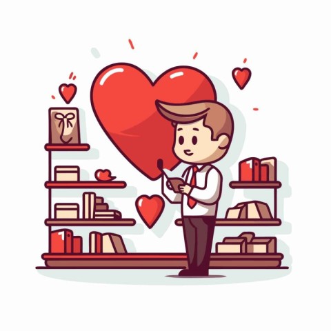 Valentine's day greeting card with man and heart. Vector illustr