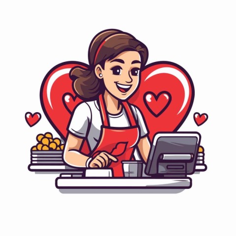 Cute girl in apron and apron using a laptop. vector illustration