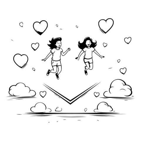 Happy girls jumping in love. black and white vector cartoon illu