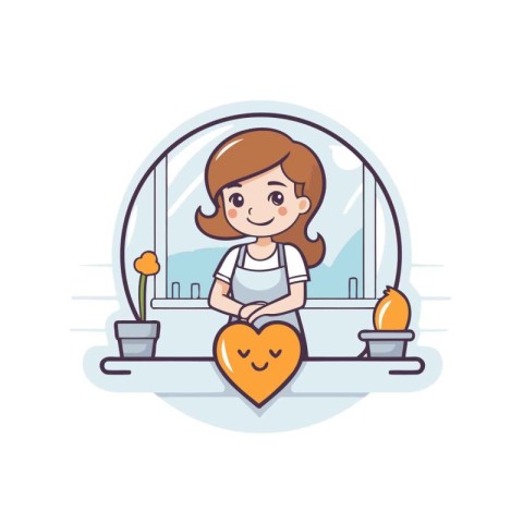 Girl with heart in the window. Vector illustration in flat style