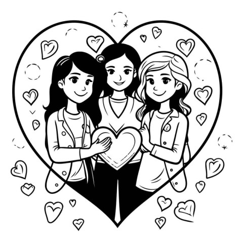 Vector illustration of a group of young women holding a heart in