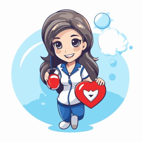 Cute cartoon girl holding heart. Vector illustration in a flat s