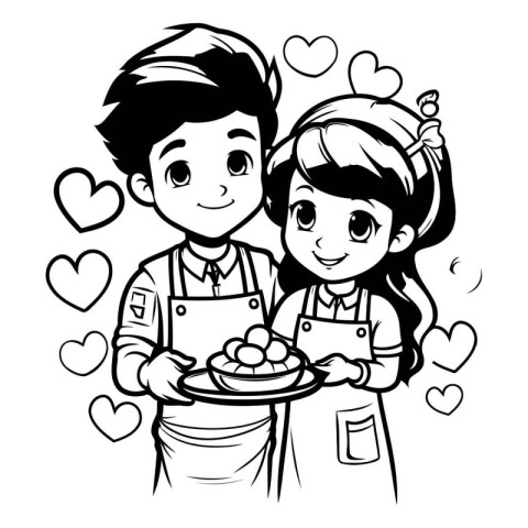 Cute cartoon boy and girl cooking in the kitchen. vector illustr