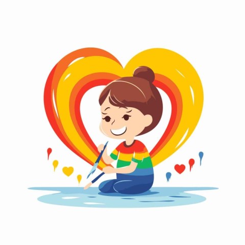 Cute little girl painting rainbow in the shape of heart vector I