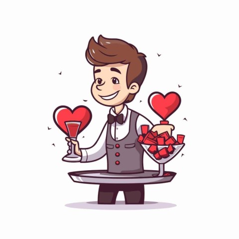 Cute waiter holding tray with sweets. Vector illustration in car