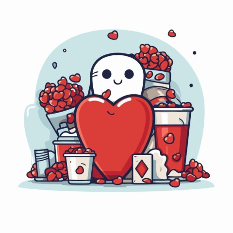 Vector illustration of a cute cartoon ghost with a big red heart