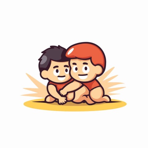 Cute cartoon baby boy sitting on the floor and hugging his frien