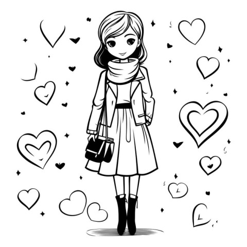 Cute little girl in coat and scarf. Vector hand drawn illustrati