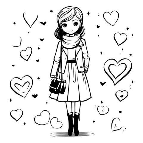 Cute little girl in coat and scarf. Vector hand drawn illustrati