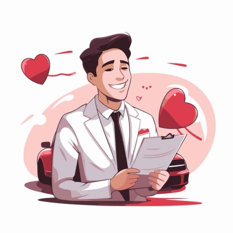 Happy man with a red heart in his hand. Vector illustration.