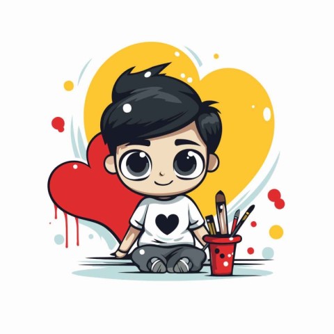 Boy with a paintbrush and a heart. Cute cartoon vector illustrat